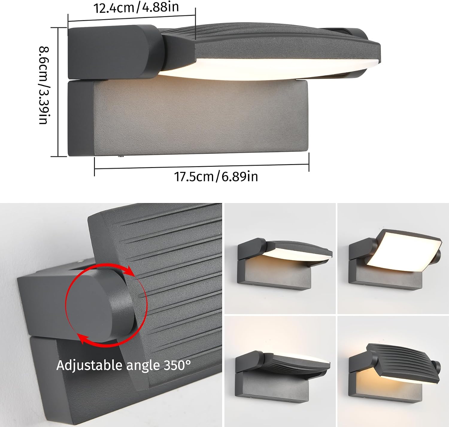 Detalle 2 de SANSHI 12 W buitenwandlamp met draaibaar ledpaneel, IP65 en 3 lichtkleuren