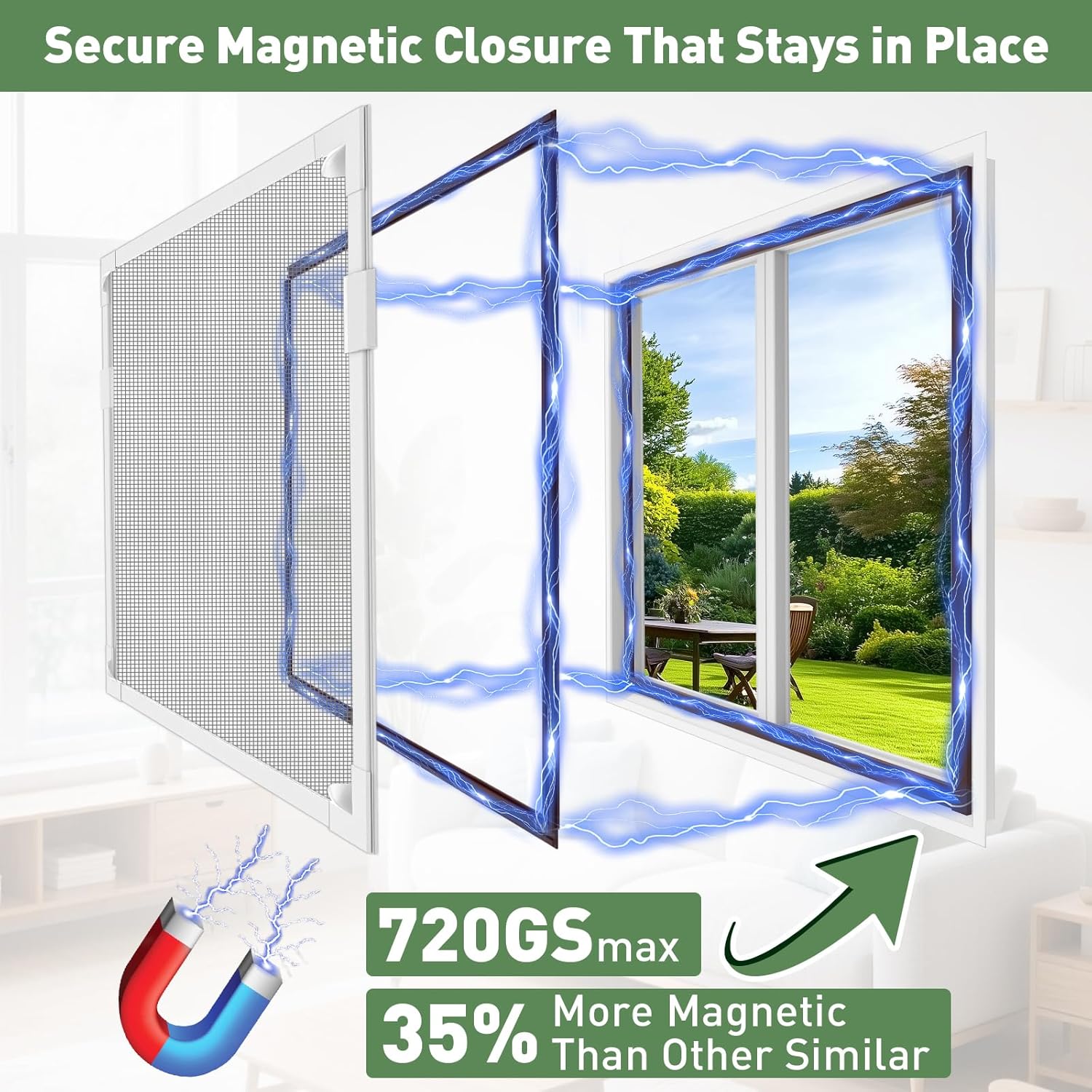 Thumbnail 2 de OWYR Magnetic Fly Screens for Windows Fit Max 151x180cm (DIY adjustable magnetic window net) – White frame, grey mesh