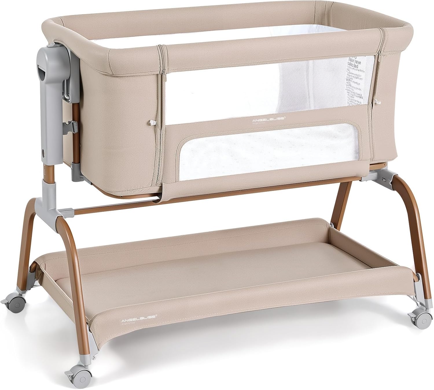 ANGELBLISS 3-in-1 Baby Bassinet (Bedside Sleeper + Rocking Mode) with Wheels, Adjustable Heights, Memory Foam Mattress