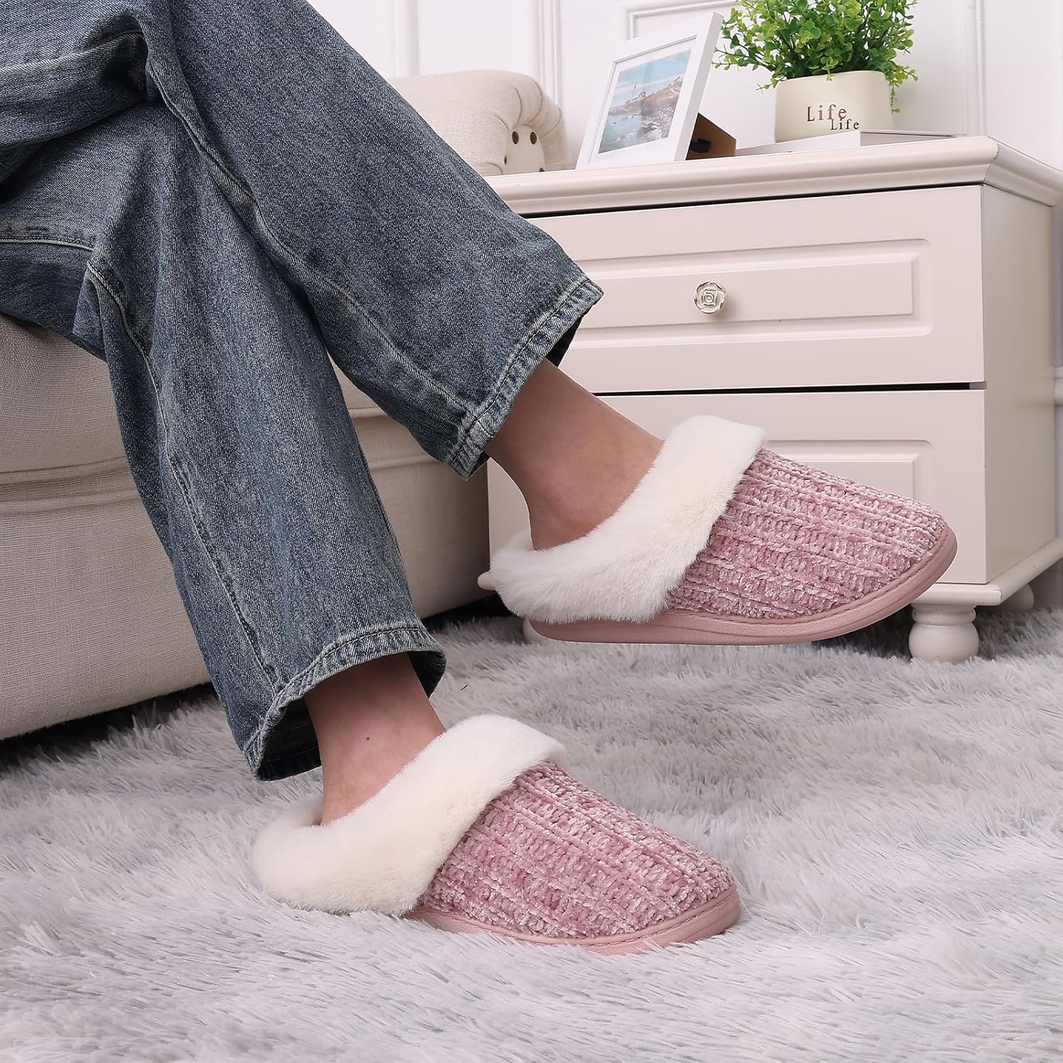 Detalle de Evshine Warm Knit House Slippers for Women with Memory Foam and Anti-Slip Soles