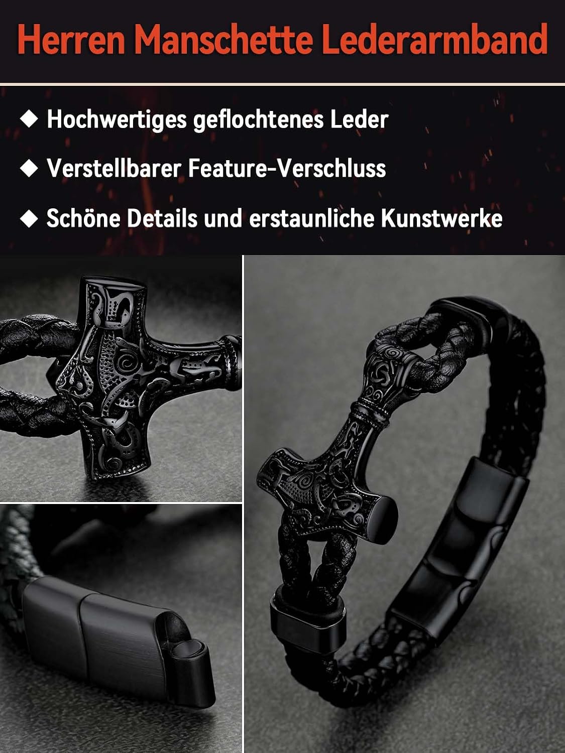 Thumbnail 6 de FaithHeart Lederarmband mit Wikinger-Motiv und Magnetverschluss (21 cm/23 cm) – Wickelarmband aus geflochtenem Kunstleder
