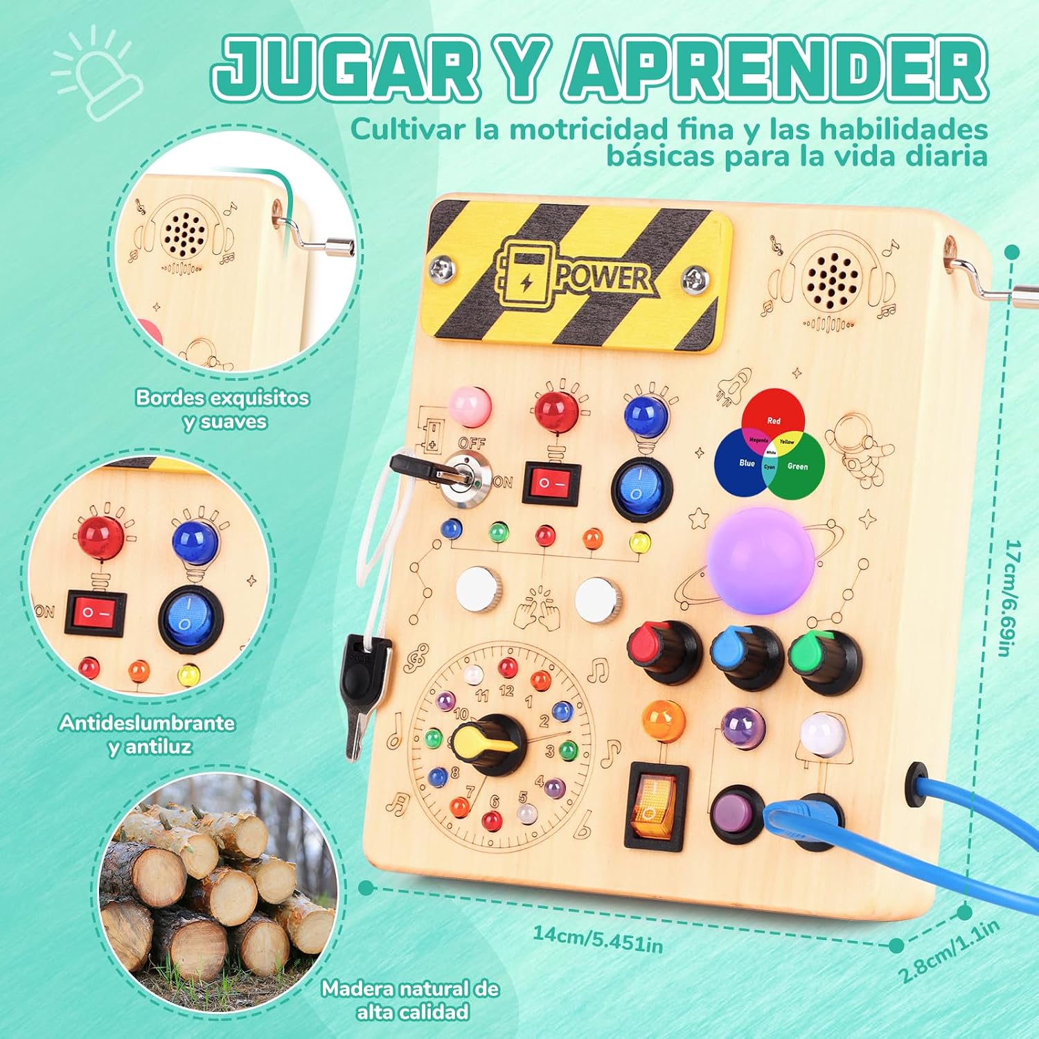 Detalle de Konijiwa Montessori Busy Board de madera para niños (12 interruptores y 24 luces LED)