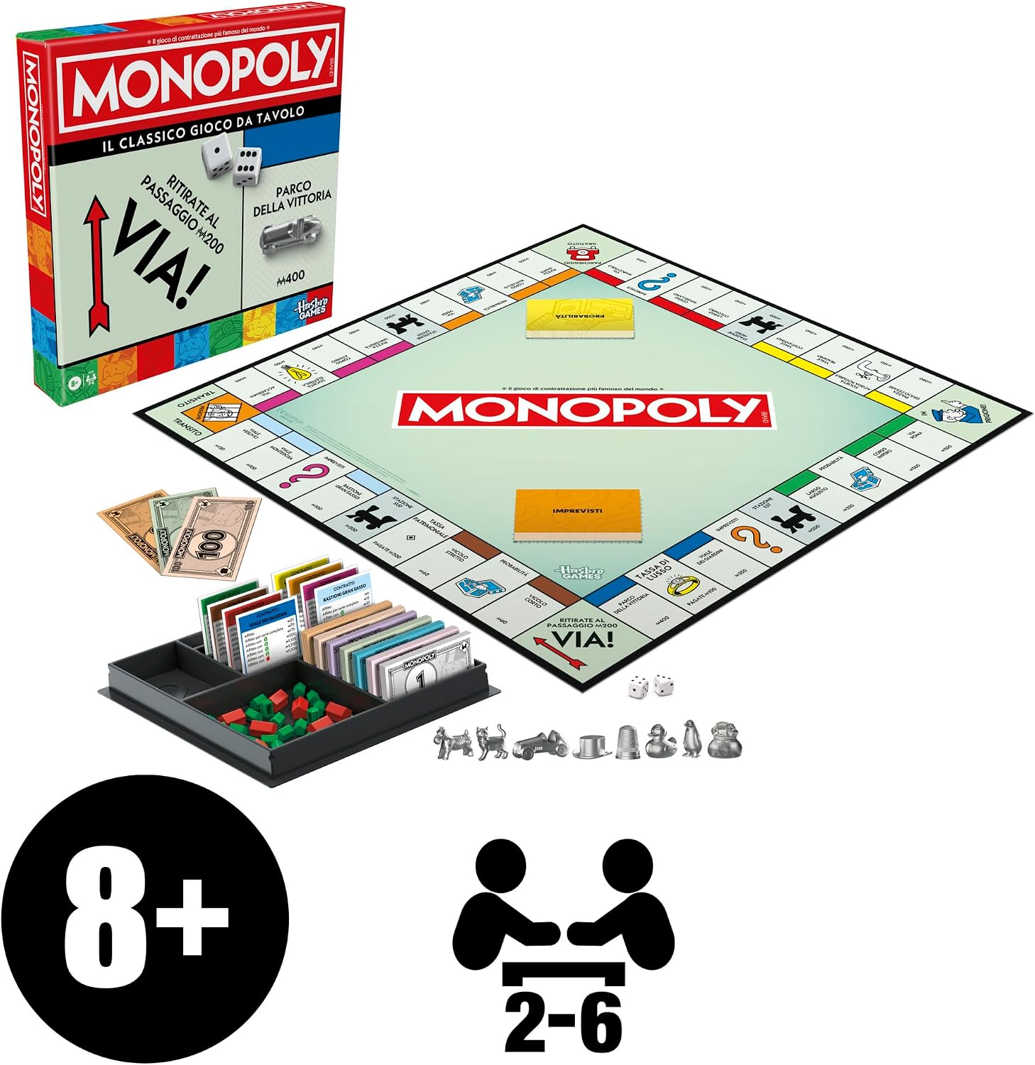 Detalle 2 de Monopoly Hasbro Gaming (edizione in italiano) da tavolo per famiglie e amici, 2-6 giocatori, per bambini dagli 8 anni