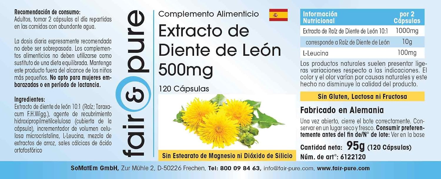 Detalle de Fair & Pure Löwenzahn Extrakt 500mg – 120 Kapseln, hochdosiert 10:1, vegan, made in Deutschland