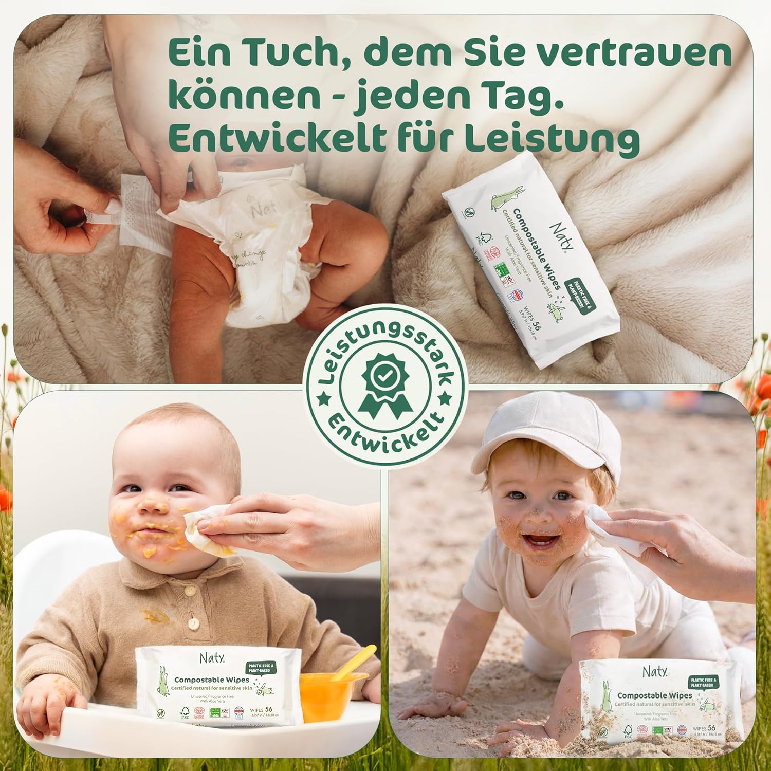 Detalle 2 de Naty Baby Feuchttücher Aloe Vera – 672 Stück, 100% pflanzenbasiert, unparfümiert und plastikfrei
