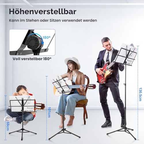 Detalle 2 de New Bee Notenständer Klappbar Stabil 2 in 1 – höhenverstellbar, 180° neigbar, Tragetasche