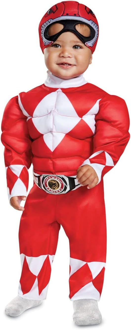 Detalle 2 de Disguise Red Ranger Toddler Muscle Costume, Red Jumpsuit and Soft Headpiece, 3T–4T