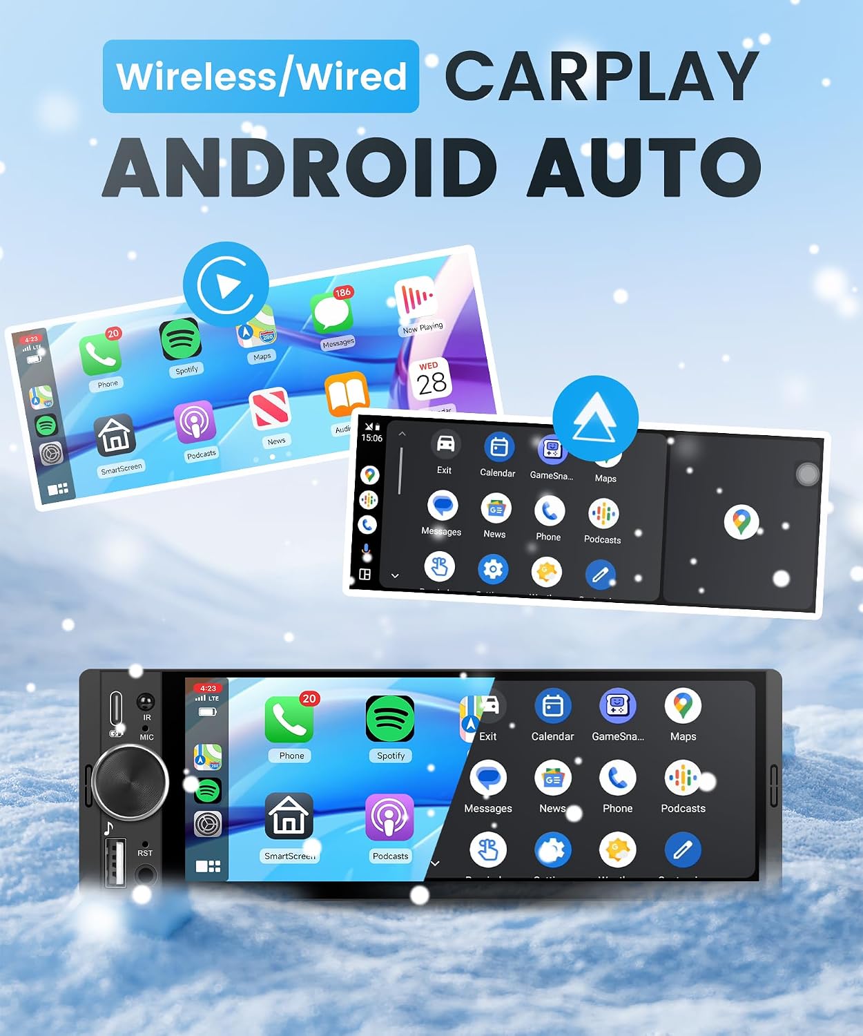 Detalle 2 de Rimoody Autoradio 1 Din con Wireless CarPlay, Android Auto y Mirror Link 6.28" IPS Touchscreen
