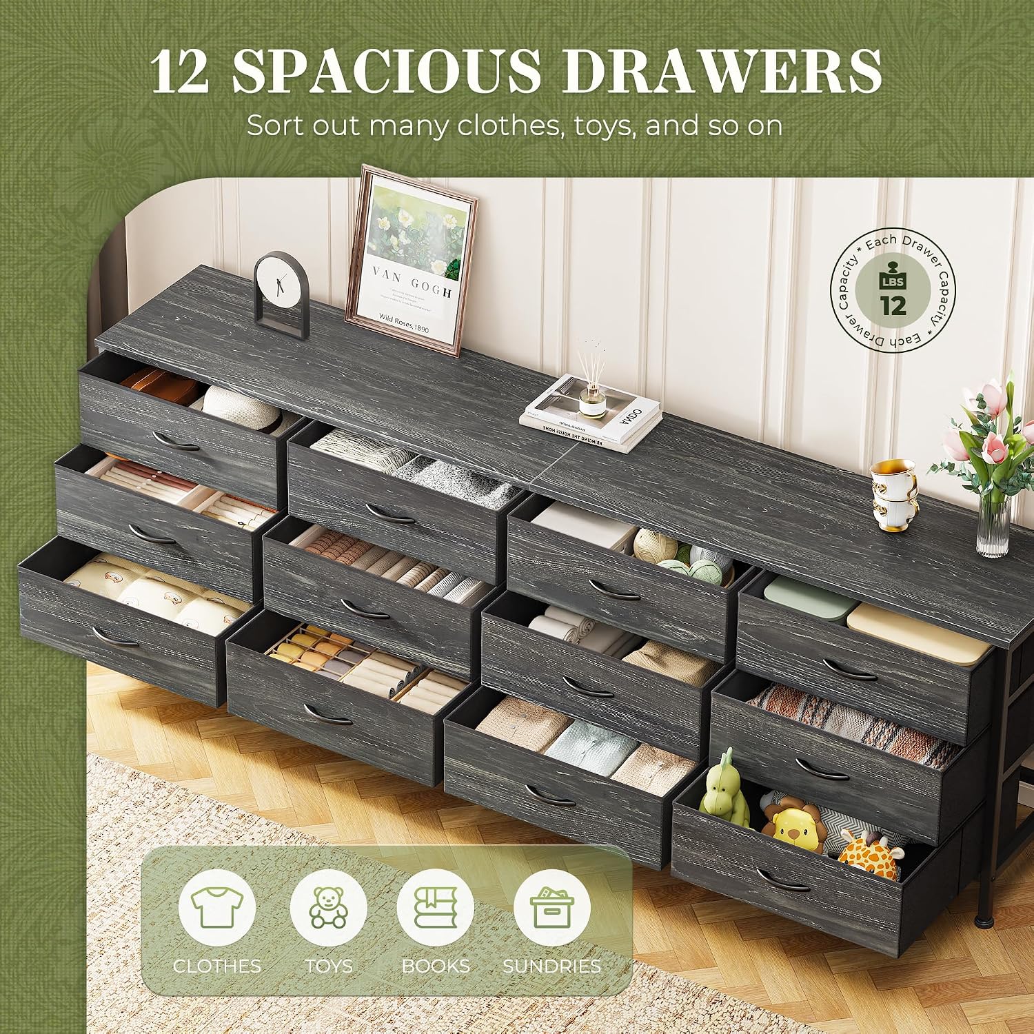 Thumbnail 3 de Huuger 70 Inch Dresser with 12 Fabric Drawers (Charcoal Black Wood Grain) — TV Stand for Up to 80 Inch Screens