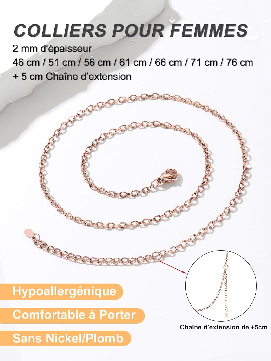 Detalle de ChainsPro Collier Femme Acier Inoxydable 2 mm – Or/Argenté/Or Rose/Noir, Ajustable 46–76 cm
