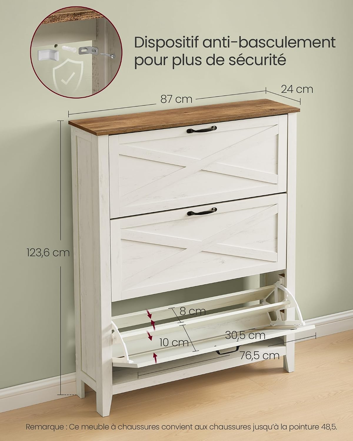 Detalle de Meuble à chaussures VASAGLE LIRY 3 abattants, 18 à 24 paires