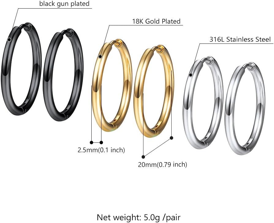 Thumbnail 3 de PROSTEEL 3 paires de créoles femme en acier inoxydable 316L/plaqé or – anneaux 20 mm