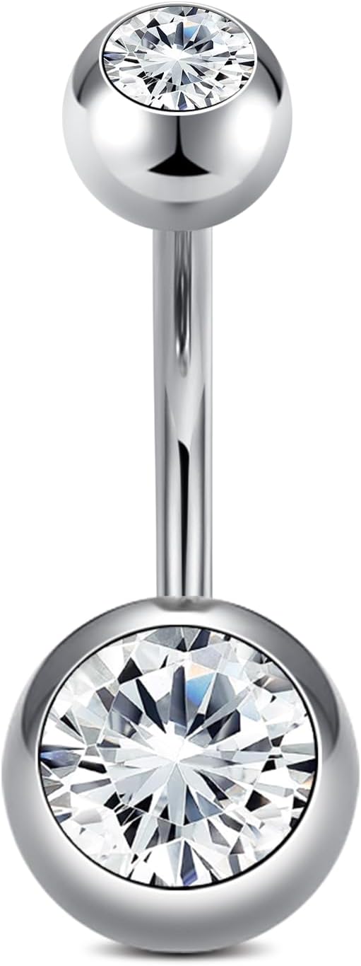 Detalle de AceFun Titanium Belly Bar - 10mm Silver Navel Bar with Cubic Zirconia