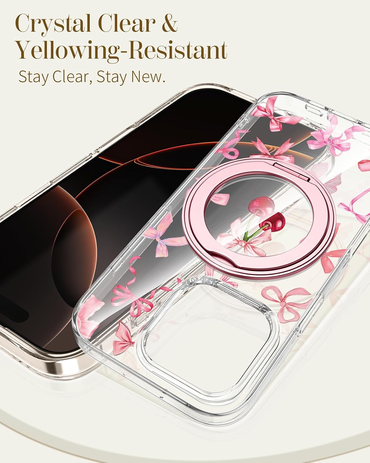 Detalle 1 de Loheckle Clear Case for iPhone 16 Pro with 360° Rotating Stand and Bow Design