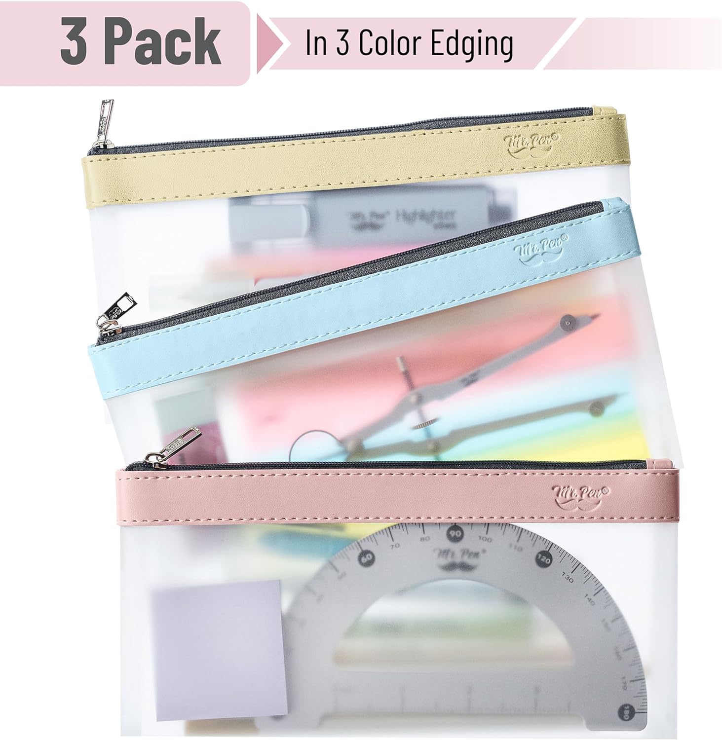Detalle 2 de Mr. Pen QWHH003M344VC Clear Pencil Pouches, 3-Pack, Medium TPU