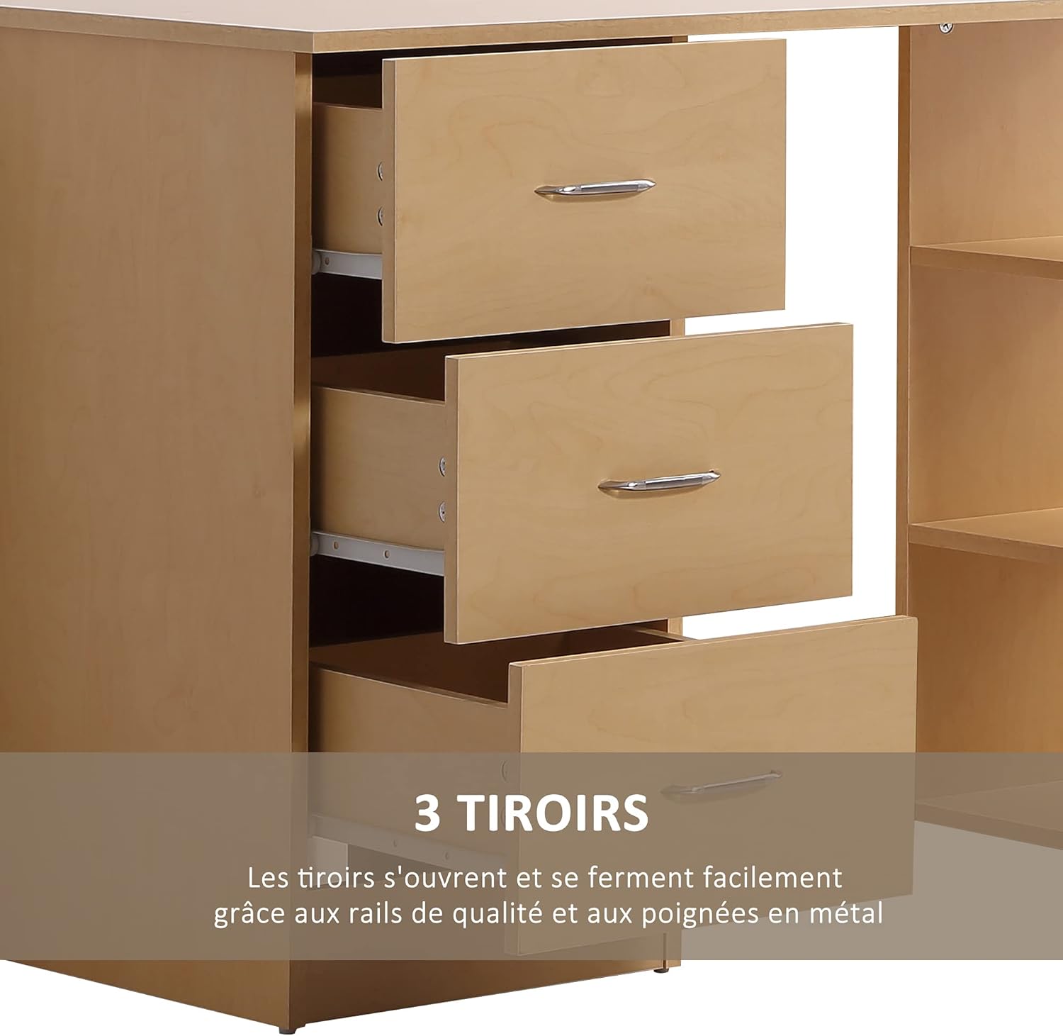 Detalle de HOMCOM Bureau d'ordinateur avec 3 tiroirs et 3 étagères – 120 x 49 x 72 cm, bois clair, rangement réversible