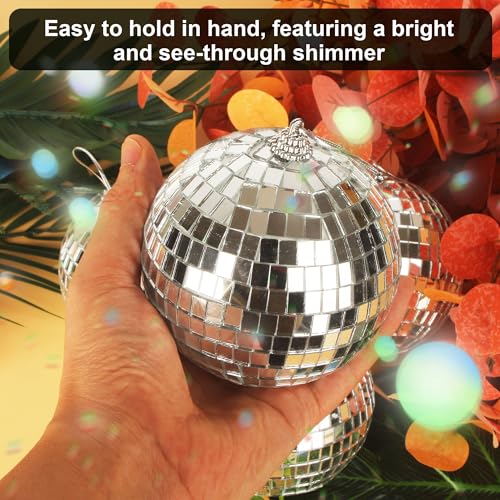 Detalle de DUBUOZA 4er-Set Discokugel 10 cm Silber – Spiegelkugeln für Hochzeit, Weihnachten, Party-Deko