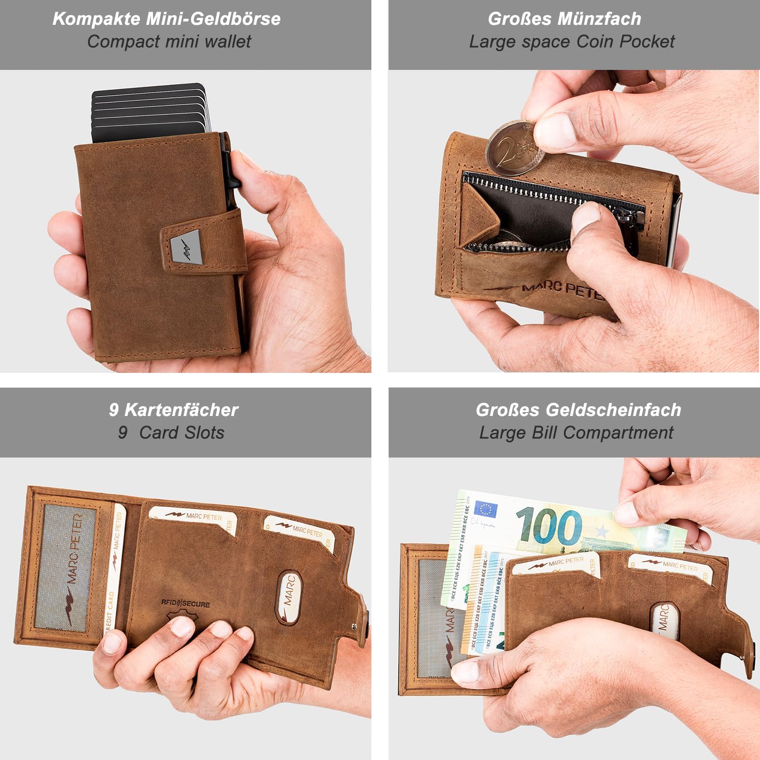 Detalle de Marc Peter Herren-Geldbörse aus Leder mit Münzfach & RFID-Schutz – Slim Pop-up Kartenetui für 9–11 Karten