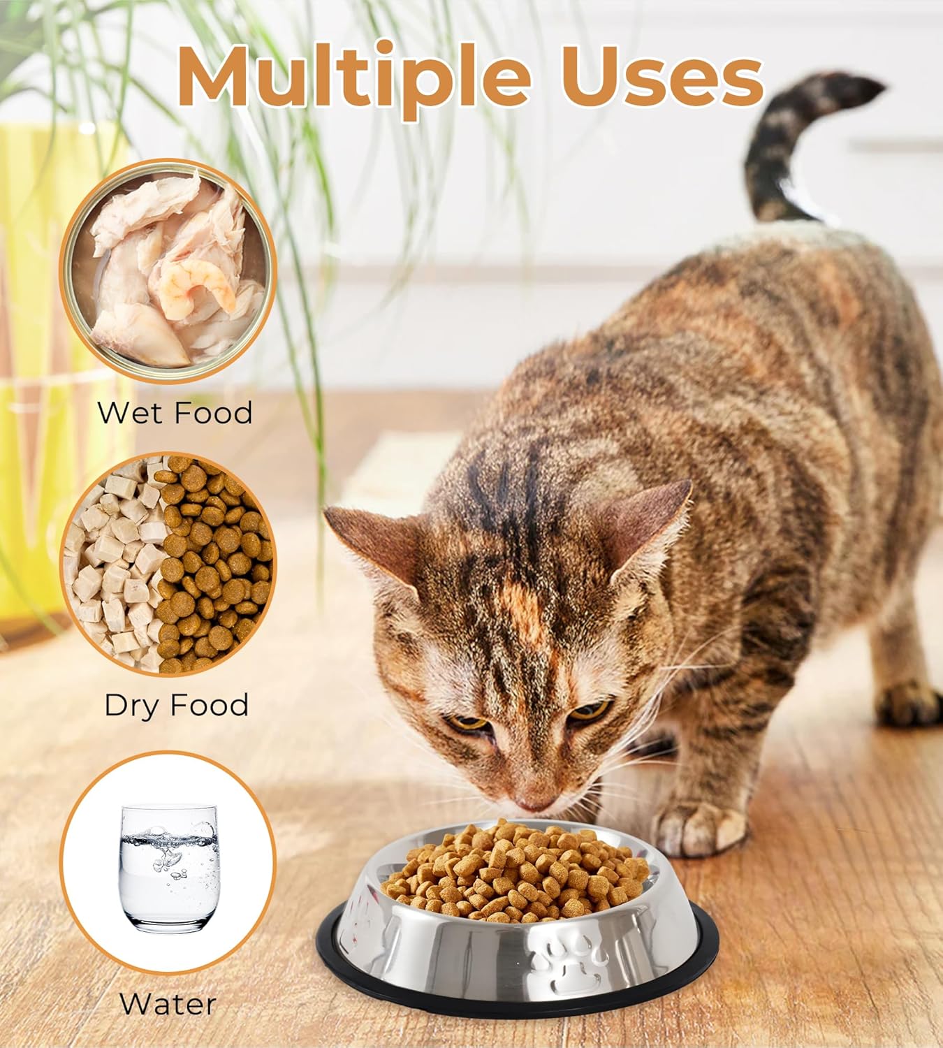 Detalle de Stainless Steel Cat Bowls 3-Pack with Rubber Base (Metal Food & Water Dishes)