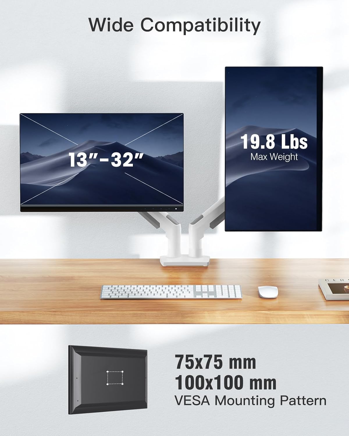 Detalle de HUANUO Monitorhalterung für 2 Monitore (13–32 Zoll) – VESA 75/100, 360° Drehung, kabelorganisiert, Weiß