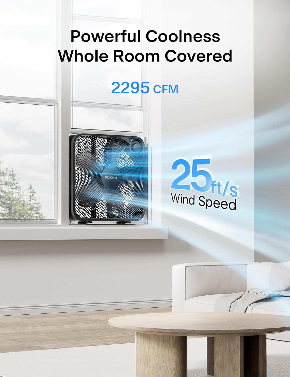 Detalle 2 de PELONIS 20 Inch Box Fan (3 Speeds) — Window Fan, Floor or Tabletop Cooling with Up to 2,295 CFM