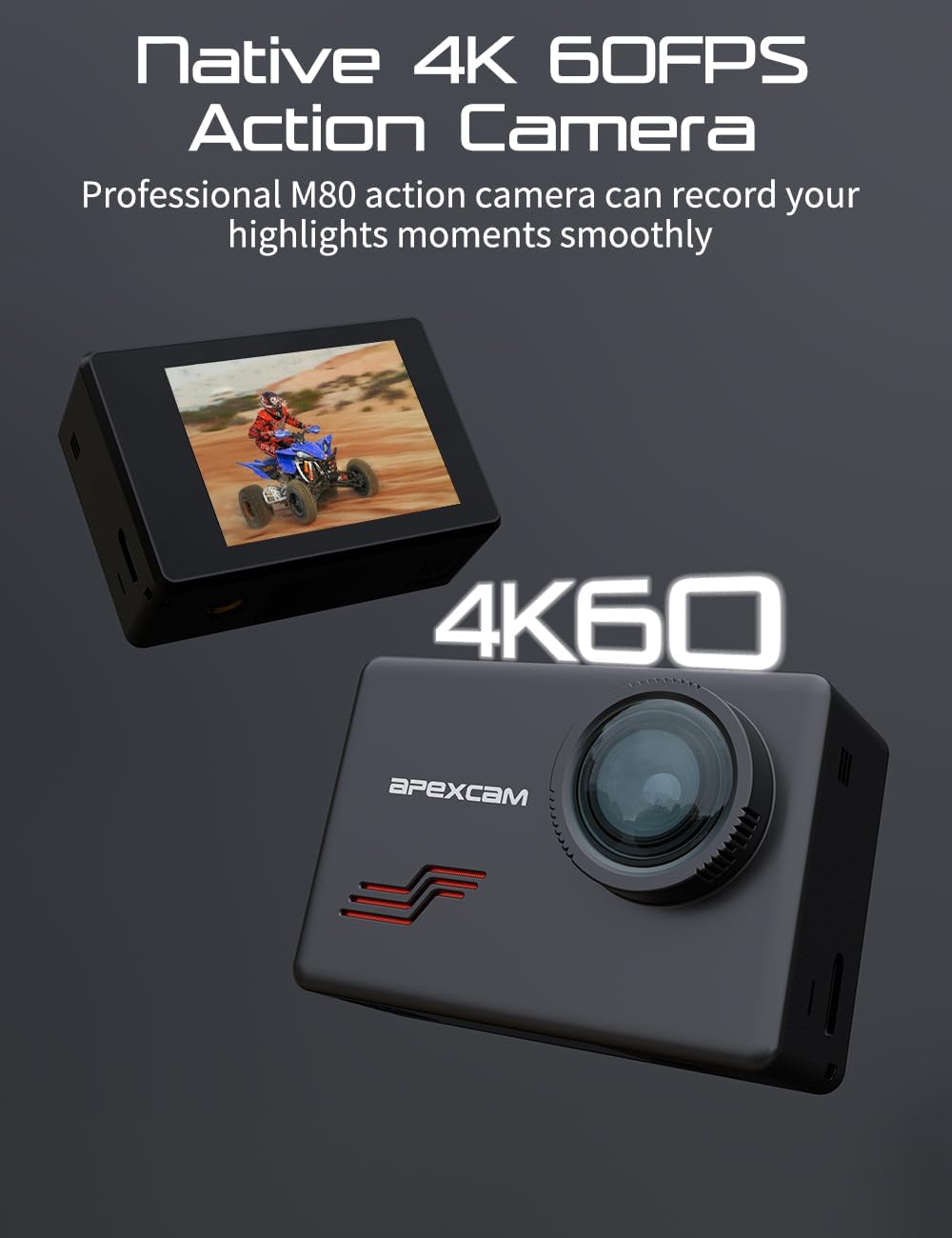 Thumbnail 1 de Apexcam M80 action cam 4K 60fps con WiFi, EIS e custodia impermeabile fino a 40 m + 64 GB