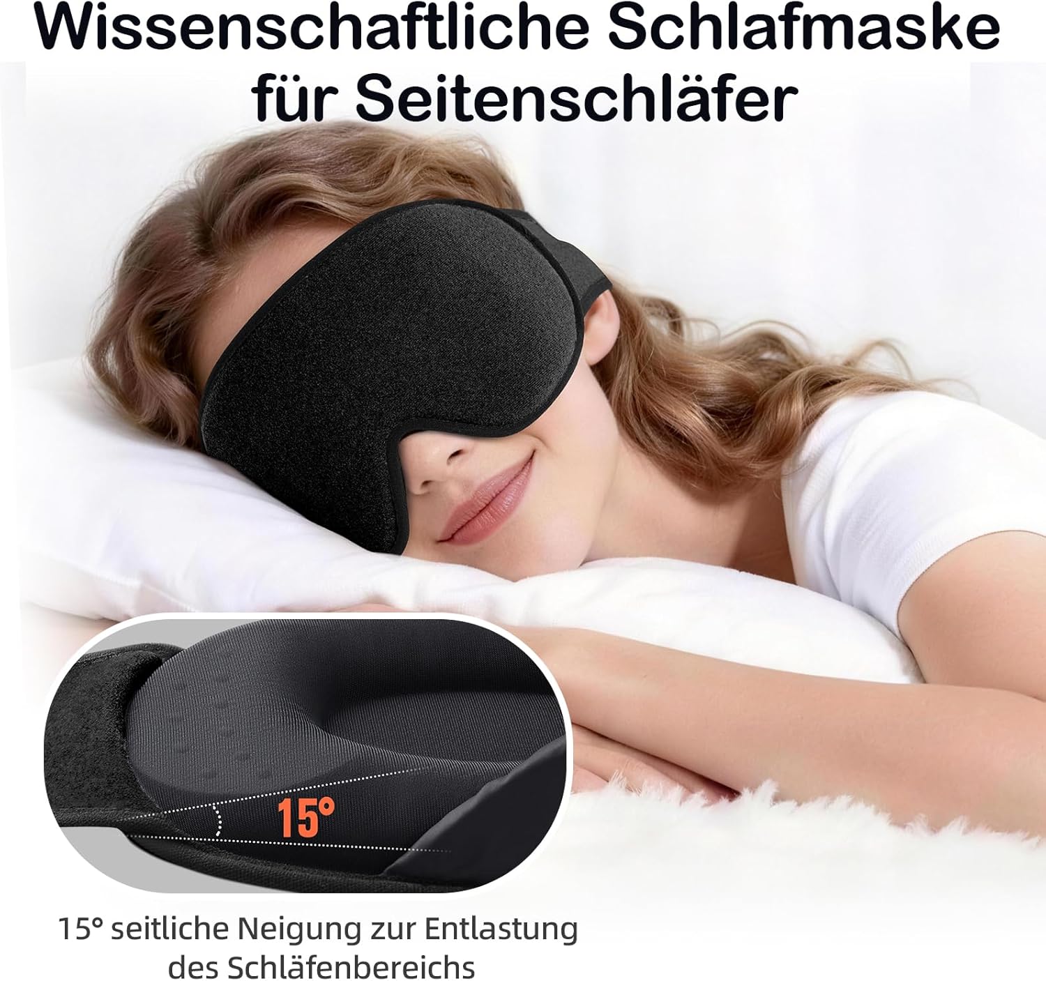 Detalle 2 de INNELO Schlafmaske für Seitenschläfer (3D lichtblockierend) mit Gehörschutz – ultraweich, mit Klettverschluss, Schwarz