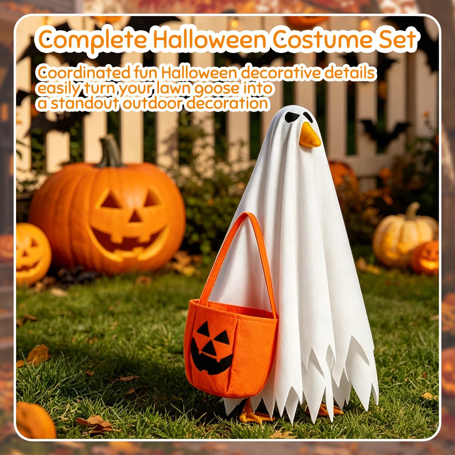 Detalle 2 de MEQUER Halloween Ghost Costume for 23-Inch Goose Statue with Pumpkin Bag