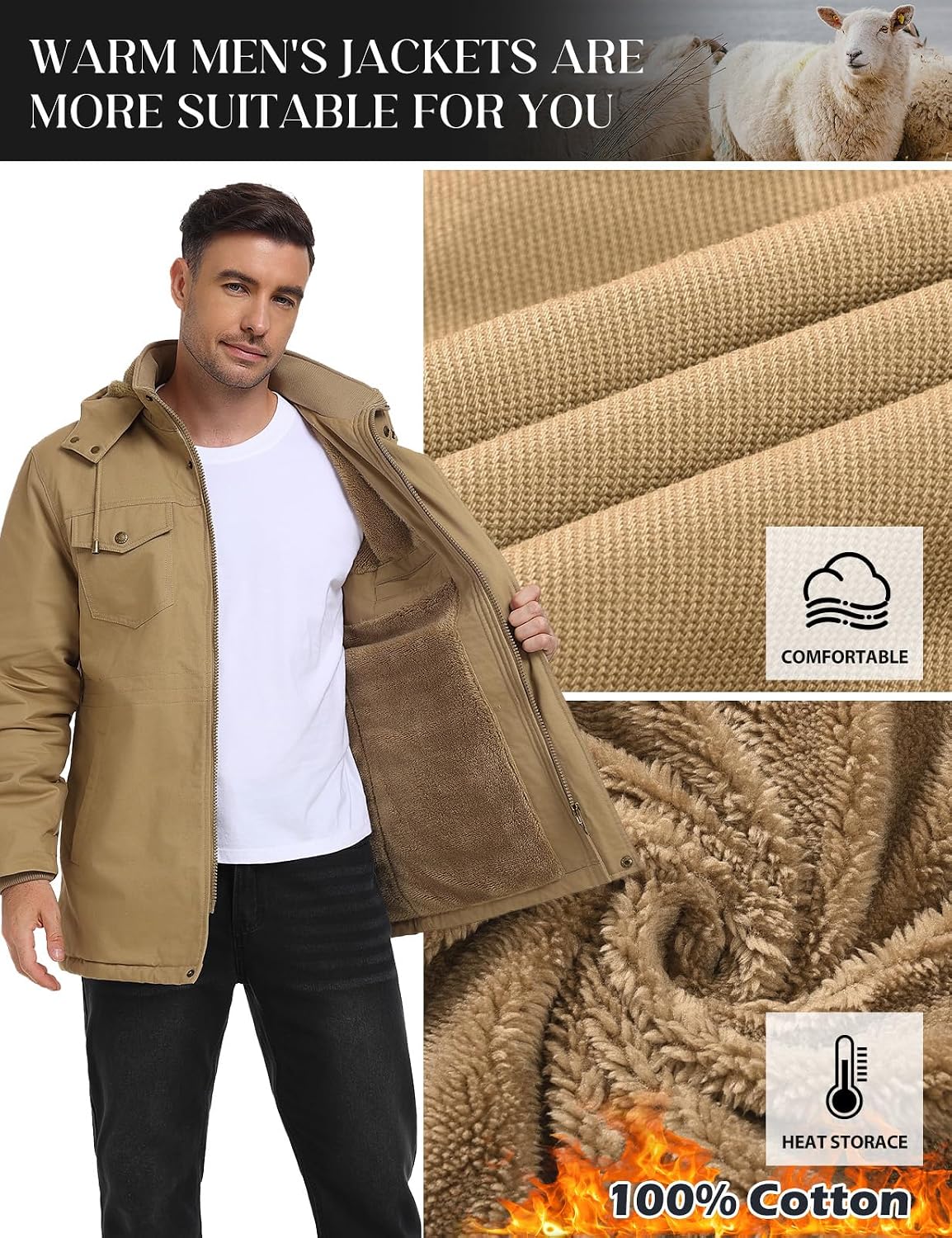 Detalle de Xnova Men's Winter Parka Jacket with Fleece Lining and Removable Hood