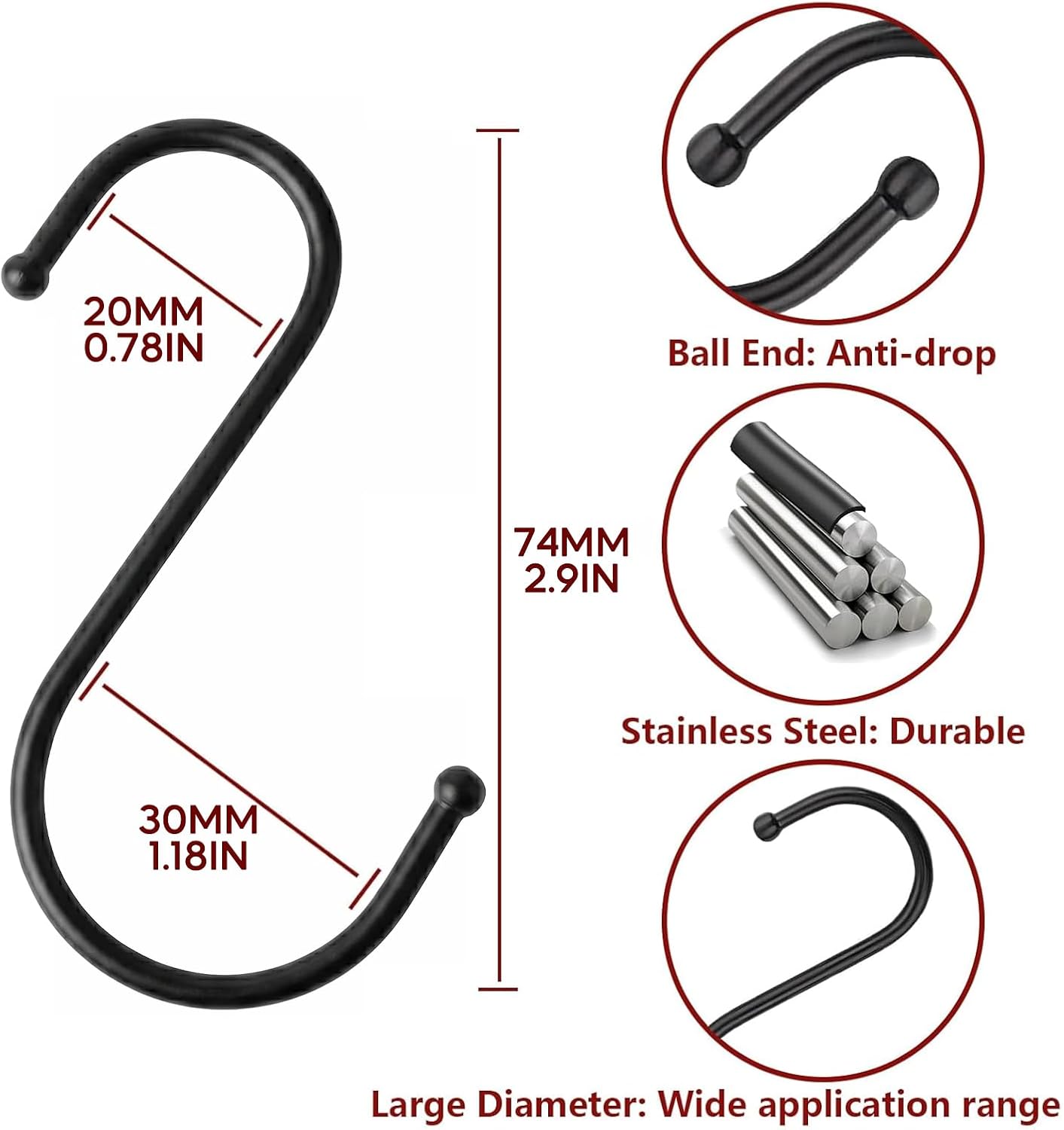 Thumbnail 1 de WKTRSM S Hooks for Hanging, Black Metal Hooks, 2.87-Inch, 20-Pack
