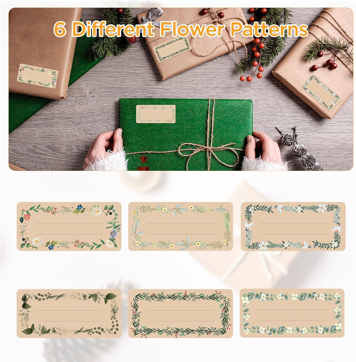 Detalle de AiQInu Etichette Adesive per Marmellate, 200 Pezzi – Etichette in Carta Kraft con 6 motivi floreali