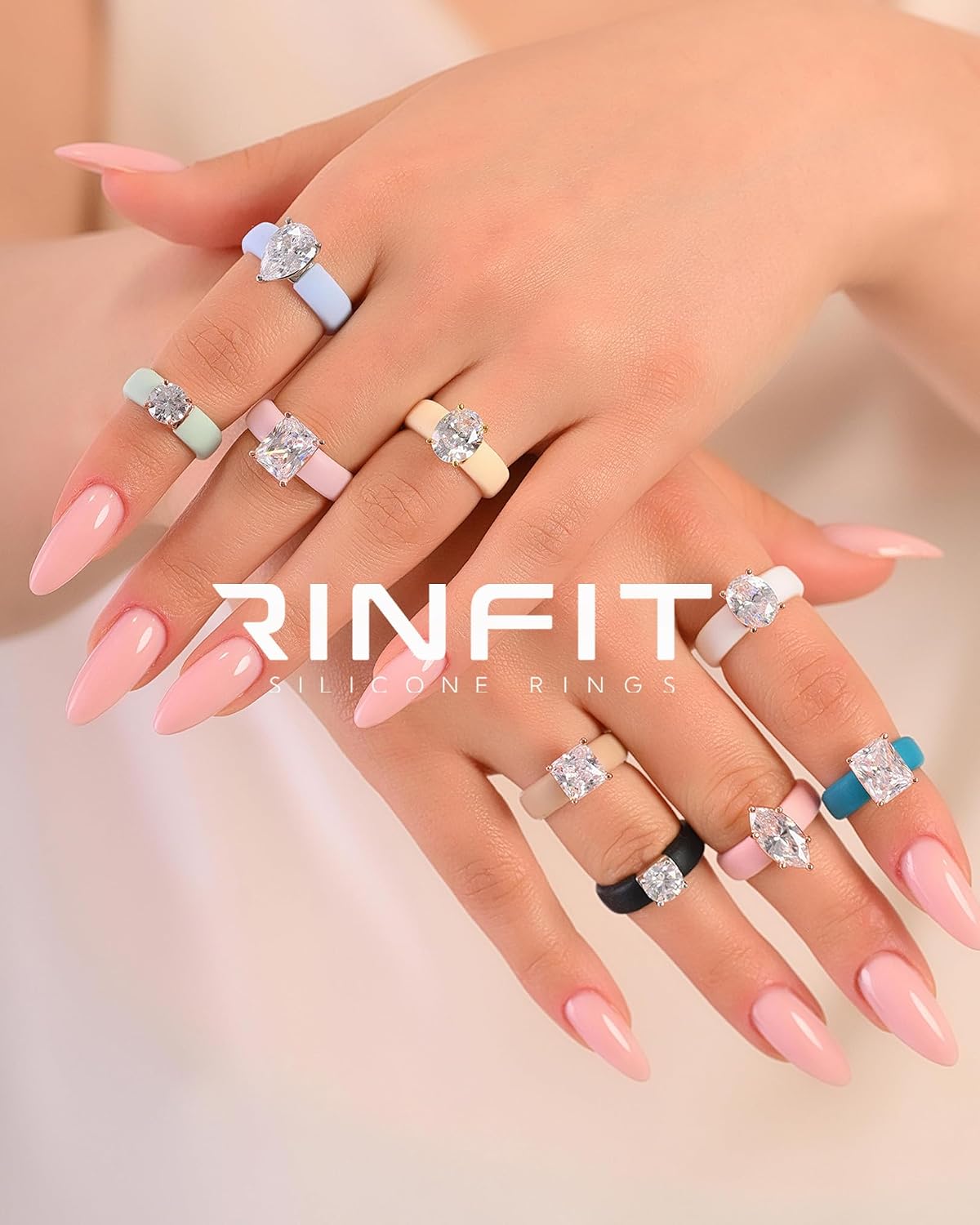 Detalle de Rinfit Silicone Ring with Stone – Emerald Cut CZ Solitaire Engagement Ring for Women