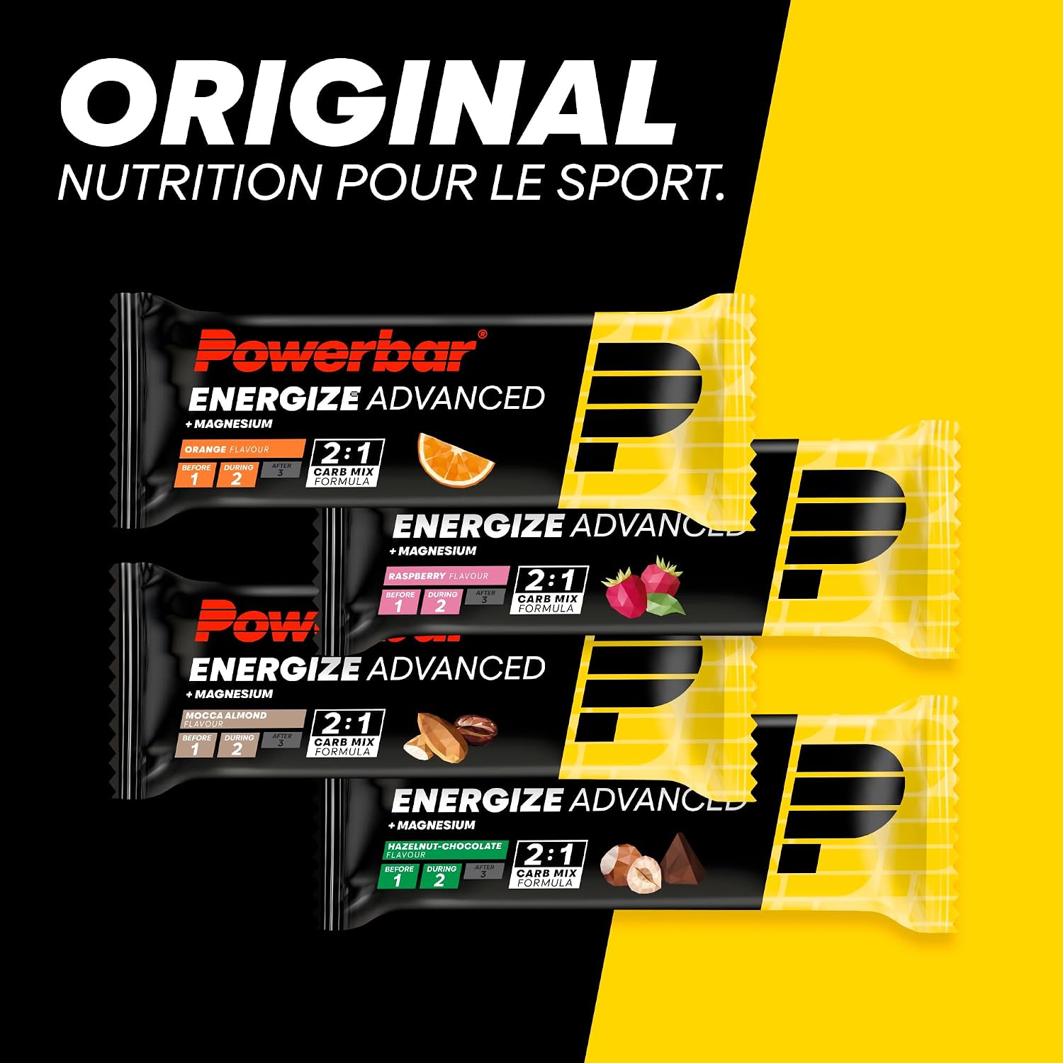 Detalle de Powerbar Energize Advanced Hazelnut Chocolate — Barre énergétique 15x55g, riche en glucides, Magnésium et Sodium