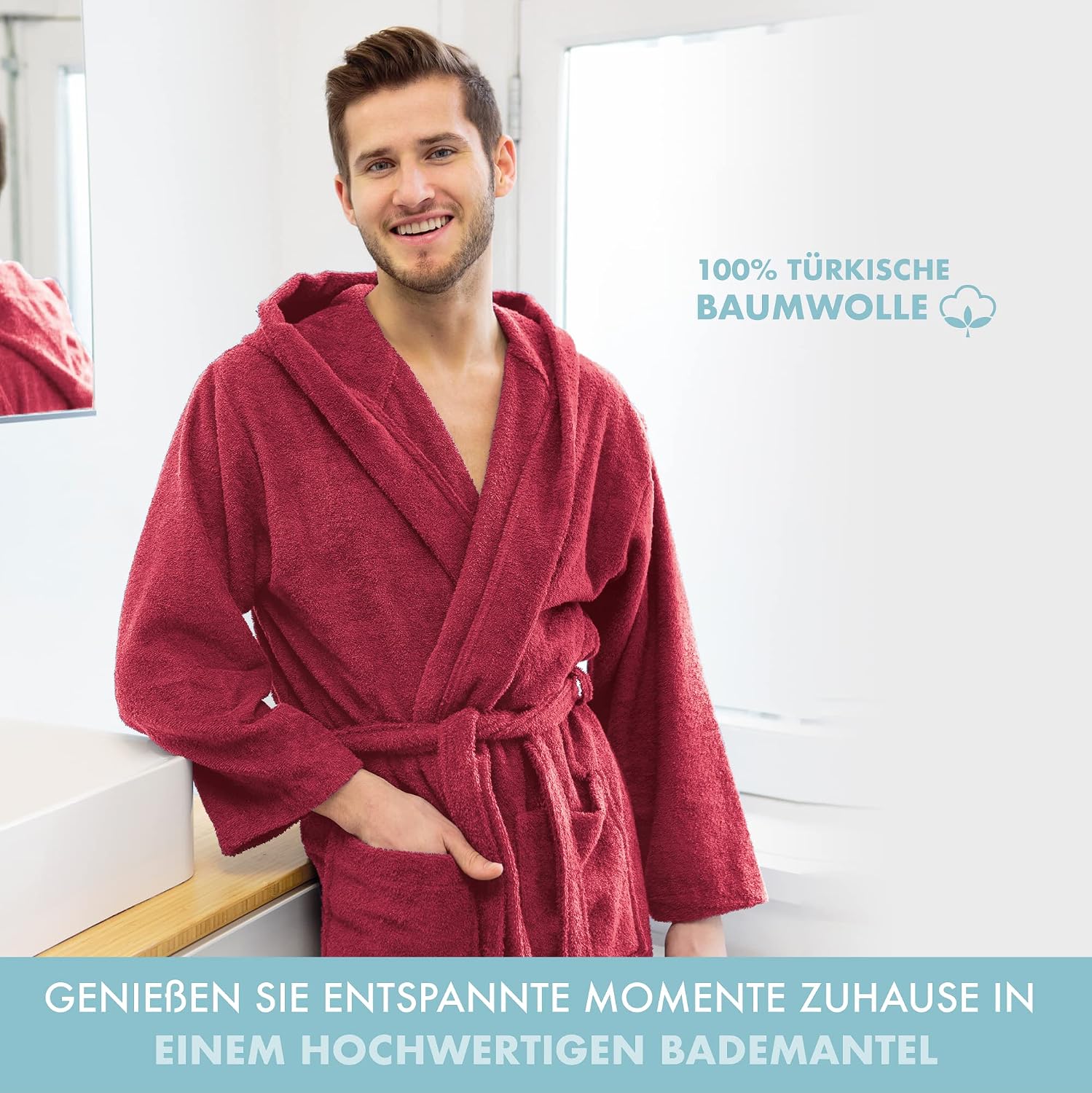 Thumbnail 1 de Twinzen Herren-Bademantel aus 100% Baumwolle, 350 g/m² – Kapuze, 2 Taschen, Gürtel | OEKO-TEX zertifiziert
