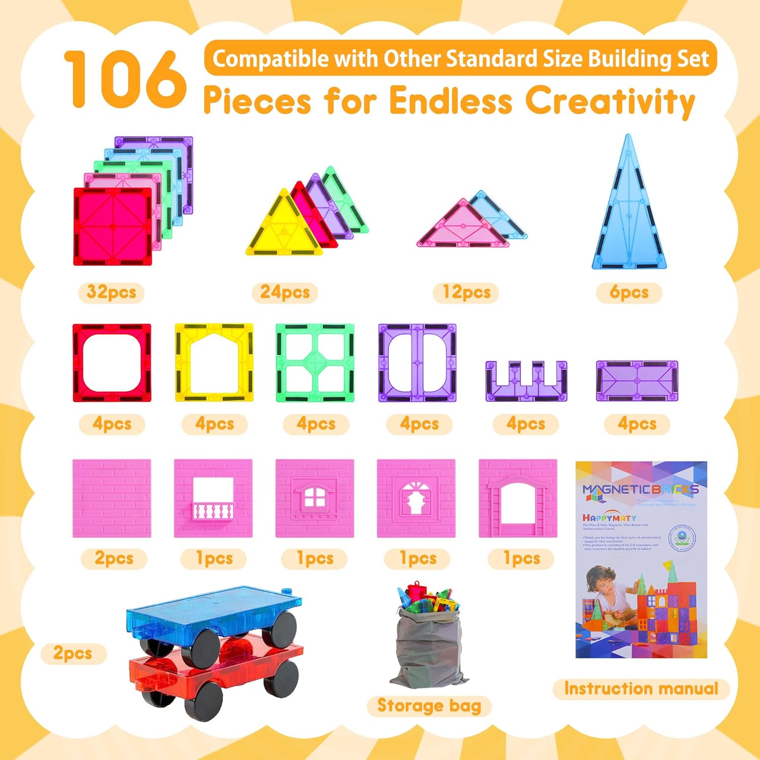Thumbnail 5 de HAPPYMATY Upgraded Antibacterial Magnetic Tiles (106 PCS) with 2 Cars for Kids