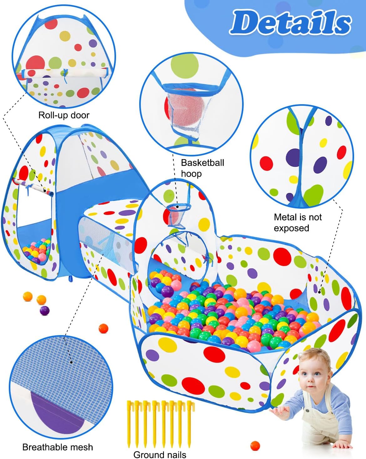 Detalle de MAIKEHIGH Kids Play Tent and Tunnel, 3 in 1 Pop Up Play Set with Ball Pit – Indoor & Outdoor Garden Toy