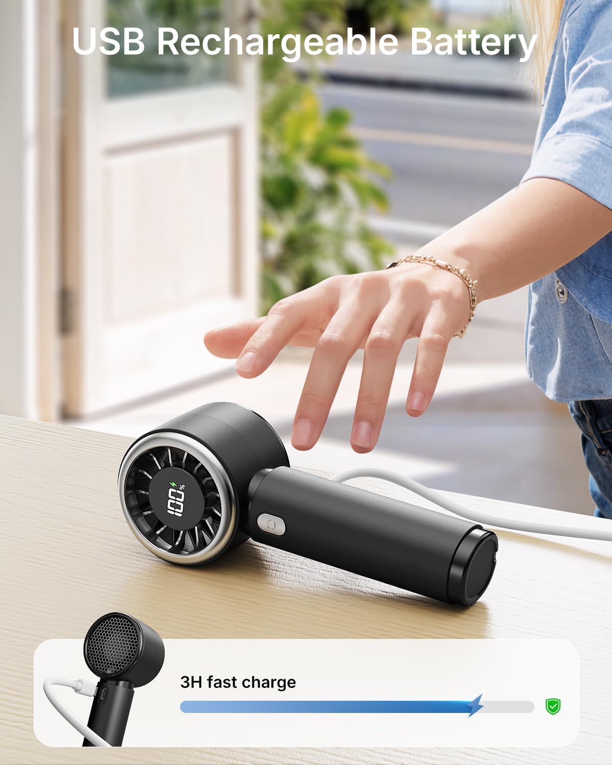 Thumbnail 4 de Bearwind Turbo Handheld Fan (Black) – Portable mini rechargeable fan with 5 speeds and LED battery display