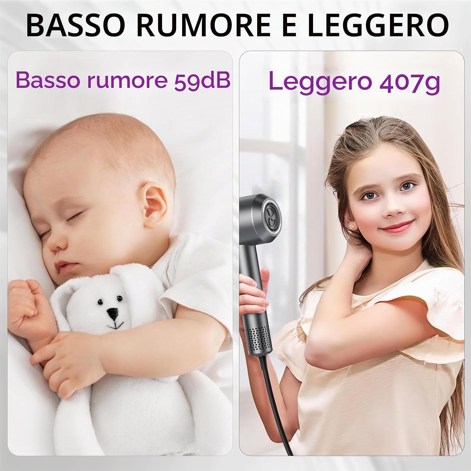 Detalle de Asciugacapelli Professionale Ionico AOWOKA con Diffusore e Beccuccio Magnetici – 160.000 giri/min