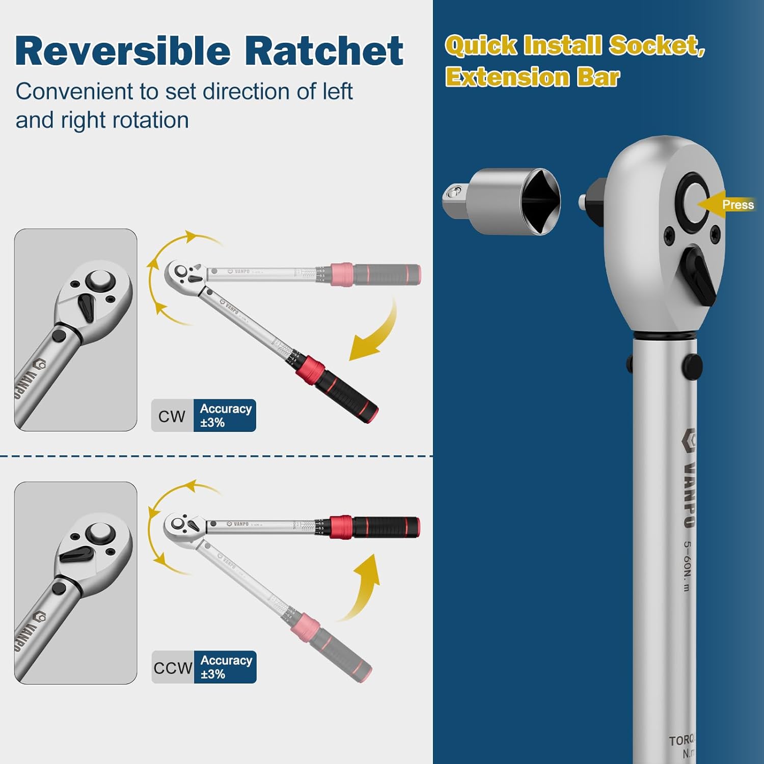 Thumbnail 1 de VANPO Drehmomentschlüssel Set 3/8 Zoll (5–60 Nm) für Fahrrad, Motorrad & Zündkerzenwechsel