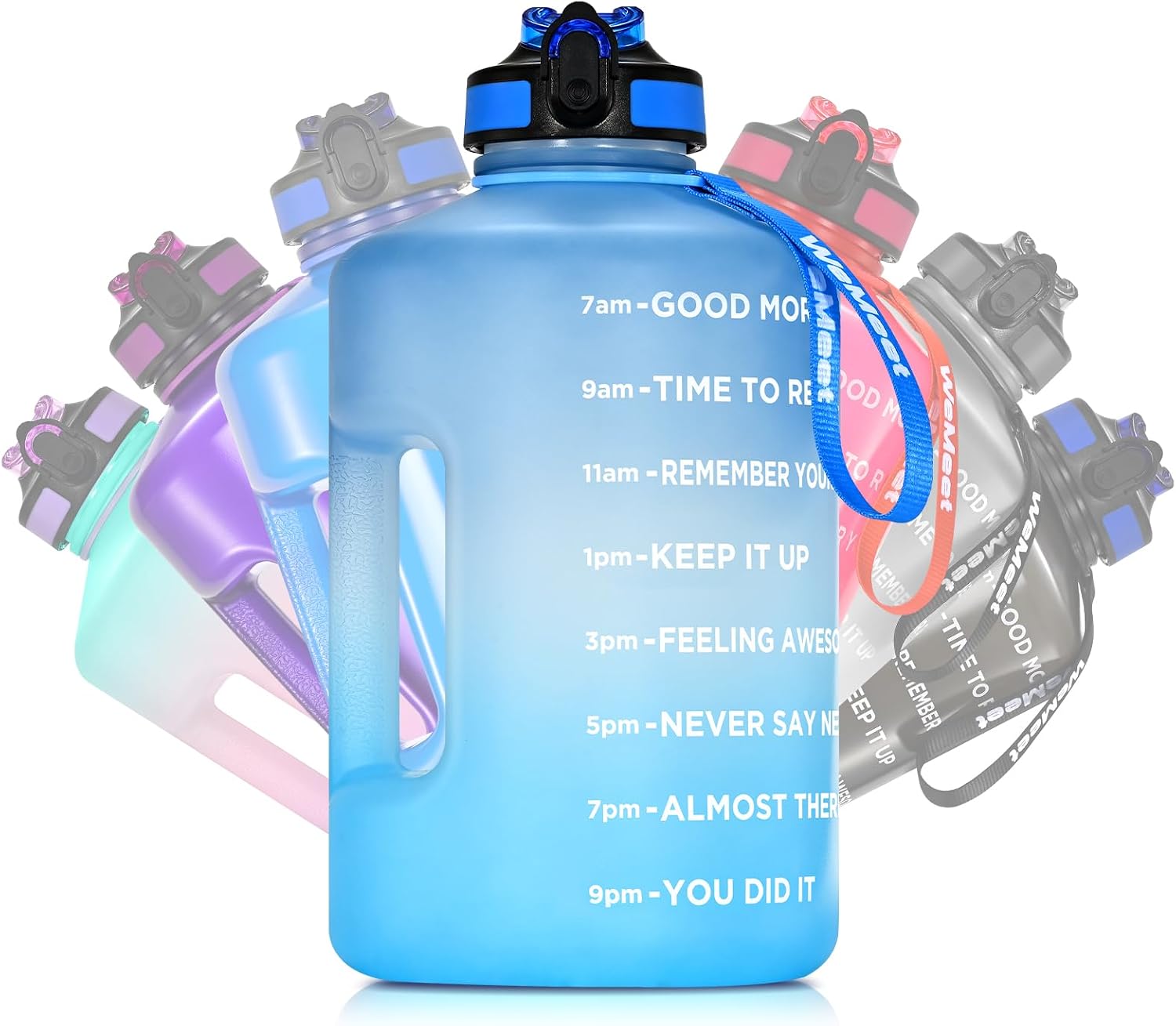 Detalle de WEMEET 128oz Water Bottle with Straw, Time Marker and Wide Mouth, Blue