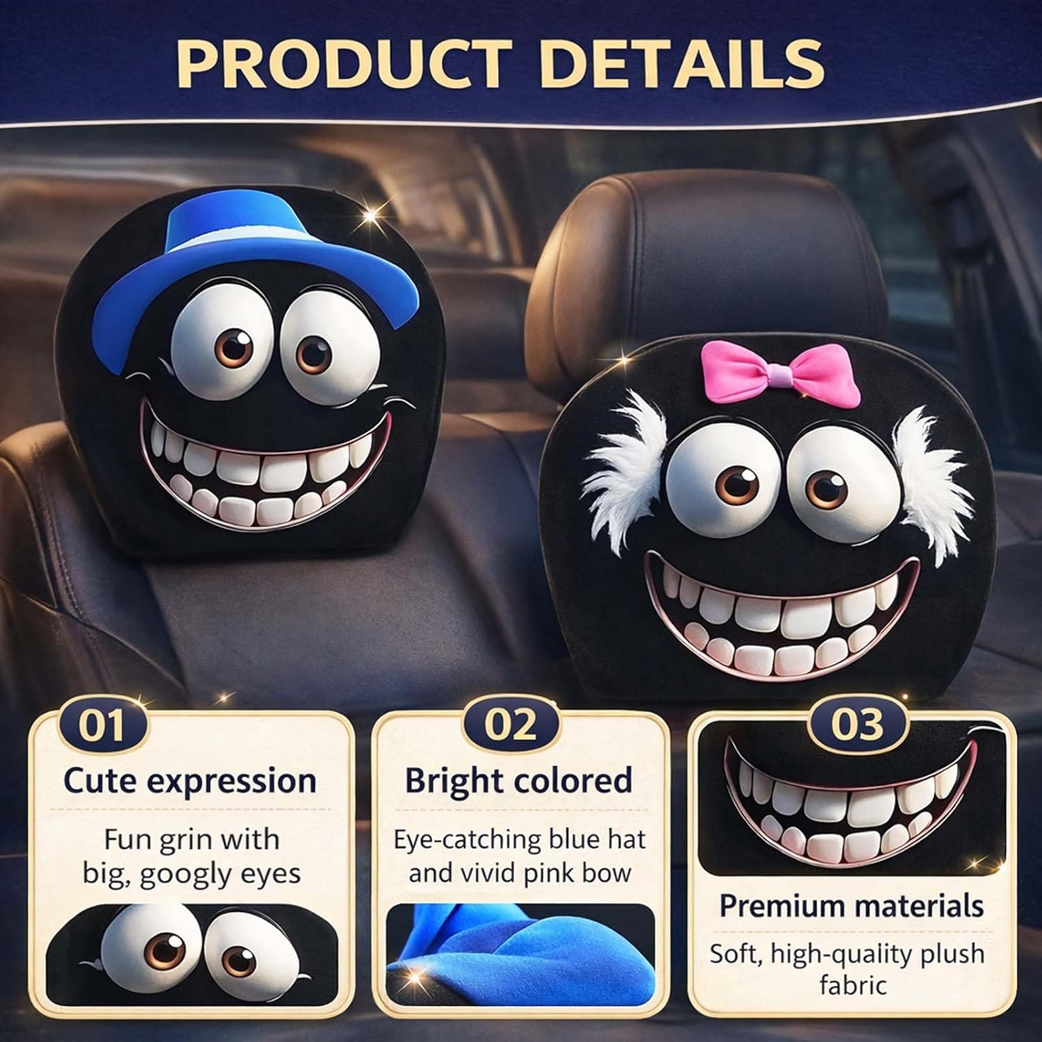 Detalle de Xiciki 4PCS Car Headrest Covers – Cartoon Eye Design, Elastic, Universal Fit (2 Pink, 2 Blue)
