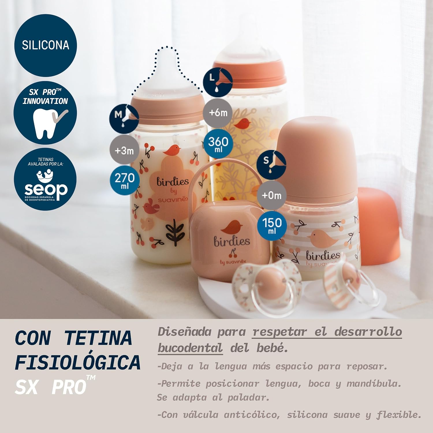 Thumbnail 1 de Suavinex Birdies Biberon 360 ml Flusso L – anticoliche, tettarella SX Pro in silicone per pappe liquide (6+ mesi) – Rosa