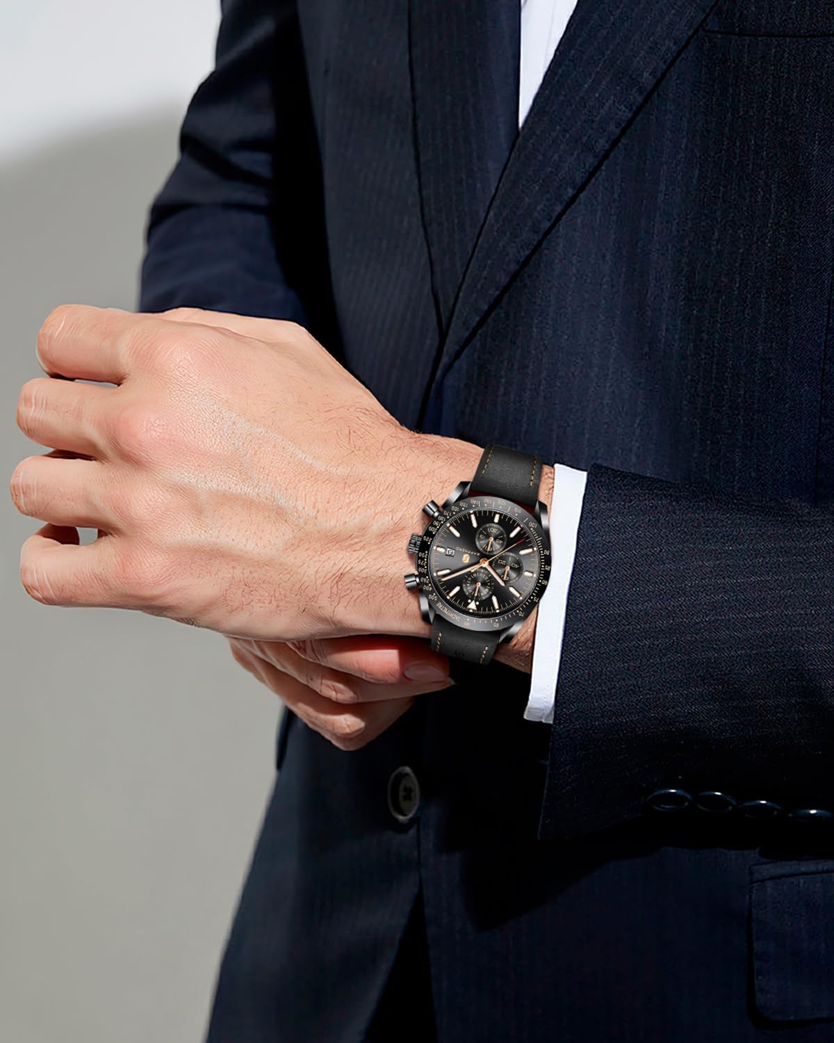 Detalle de BENYAR Herrenuhr Analoger Quarz Chronograph – Klassisch elegant, 45 mm, Lederband, 30 m Wasserdicht
