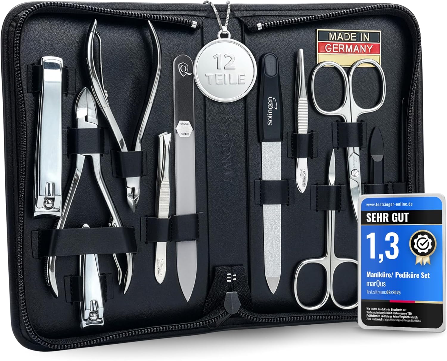 Detalle de Solingen 12-Piece Manicure Set for Women and Men – German-Made, Leather Case, Travel-Ready