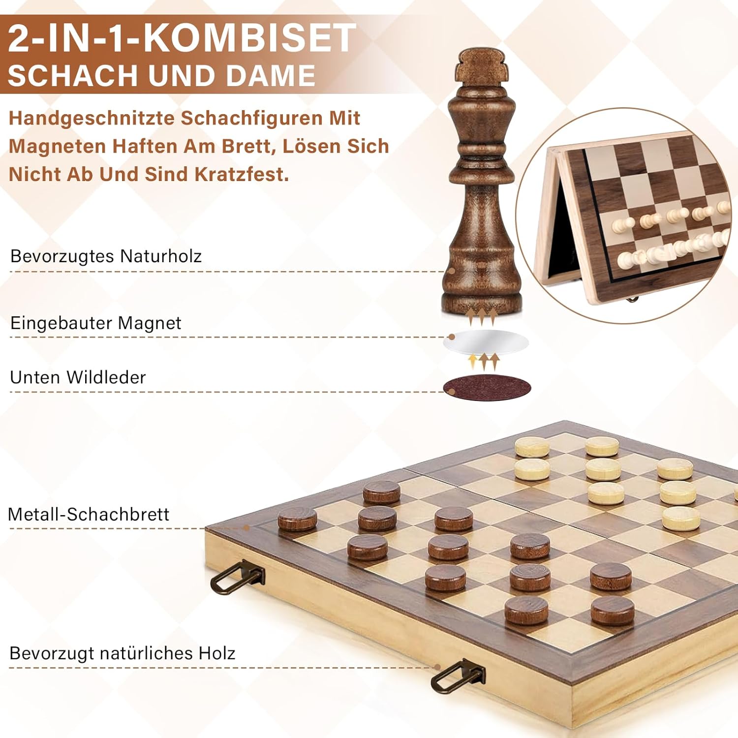 Thumbnail 4 de DYDHRER 39 x 39 cm Schachspiel 2‑in‑1 (Klappbrett, magnetisch) – Reise-Schach & Dame