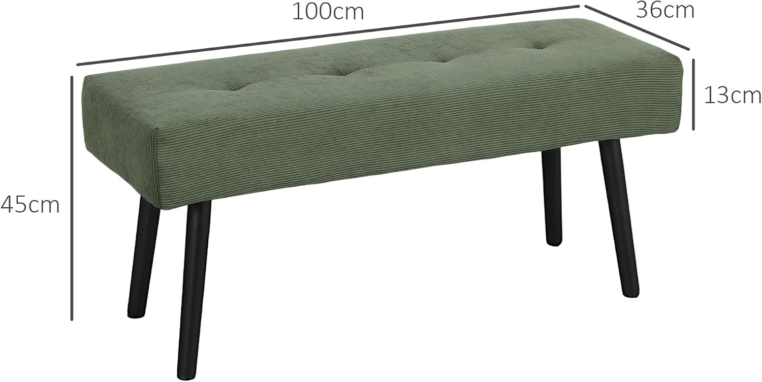 Detalle de HOMCOM banc banquette moderne rembourré en velours côtelé vert (bout de lit) sur pieds en acier noir, 100 x 36 x 45 cm