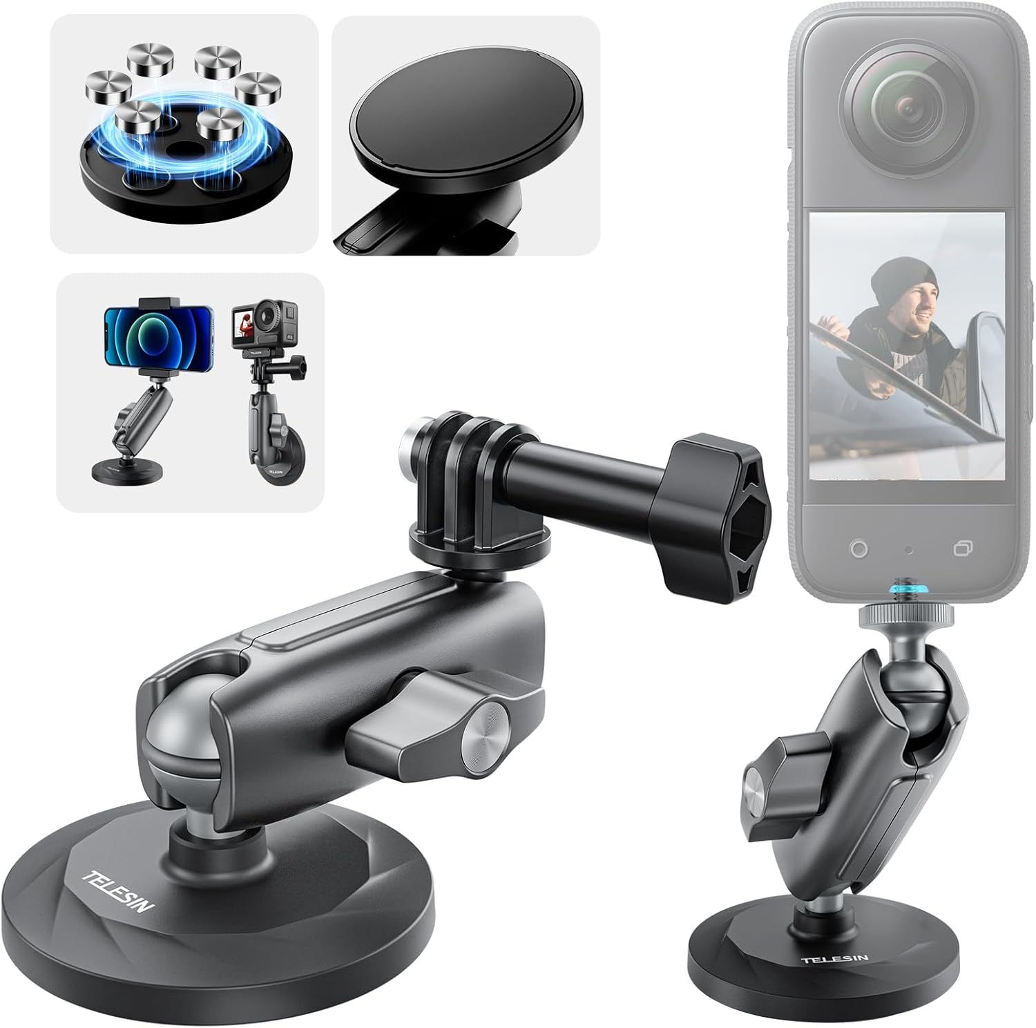 Detalle de TELESIN Magnet-Halterung für GoPro Auto + 360° Drehung – Universelle Magnet-Halterung für GoPro, DJI Osmo Action, Insta360 und mehr