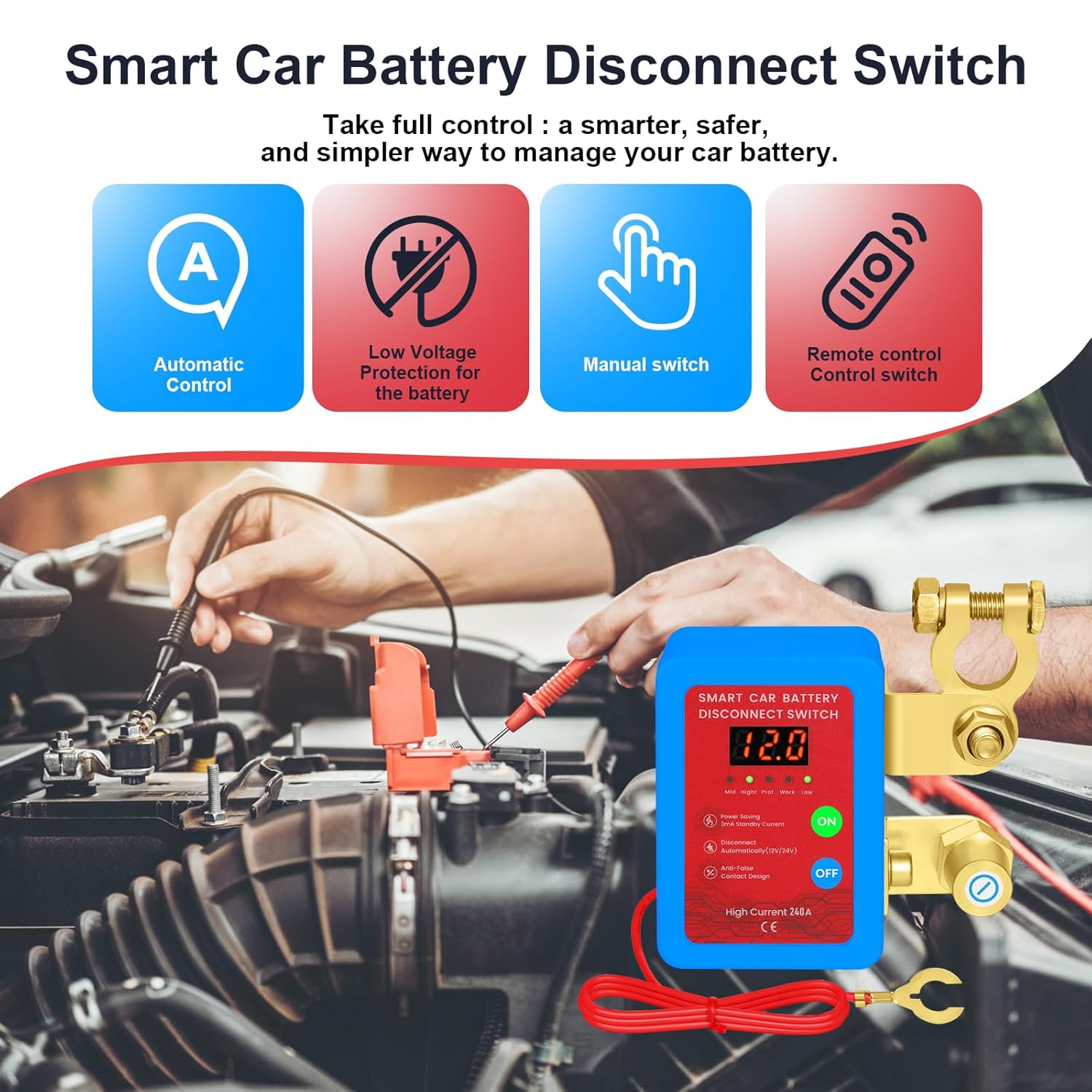 Detalle de Anosuwa Interruttore Stacca Batteria 12V 240A con Telecomando e Display LED – Sistema di interruzione automatica per veicoli