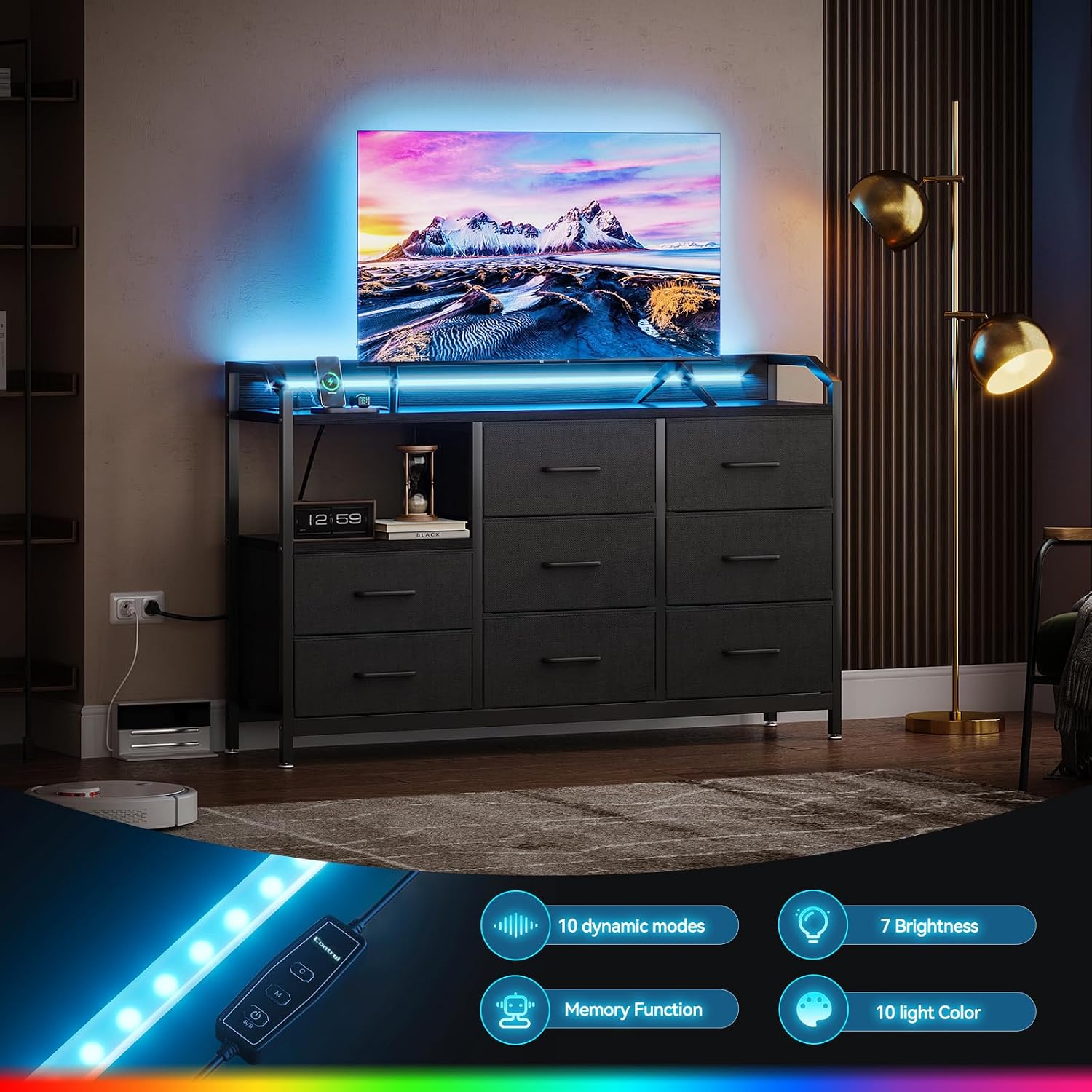 Thumbnail 4 de ODK Black Chest of Drawers Bedroom with LED Light, 8 Fabric Drawers and USB/AC Outlets