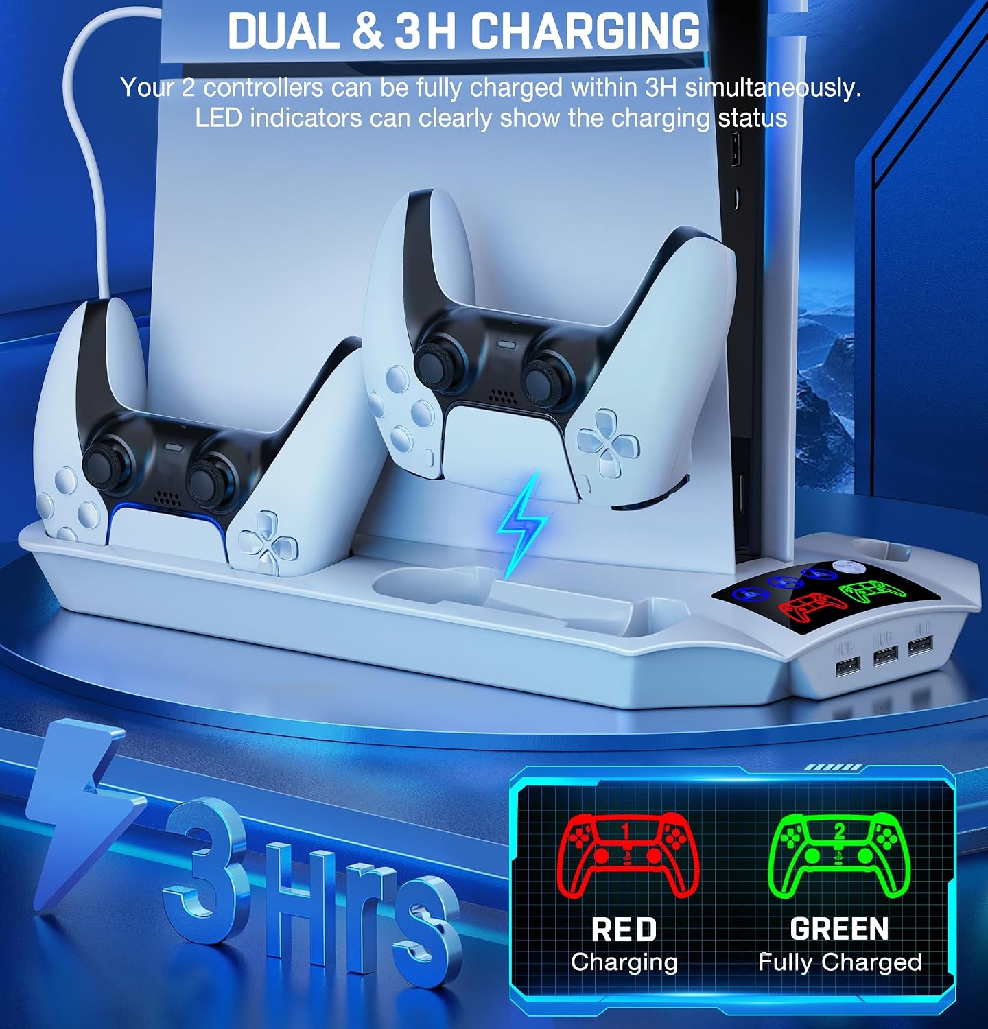 Detalle de HEYLICOOL PS5/PS5 Pro/PS5 Slim Stand Accessories with 3-Level Cooling Fan, Dual Controller Charging & USB Hubs (13 game storage)